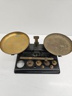 Antique Balance Scale With Brass Pans Weights Black Cast Iron Vintage