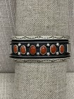 Vintage Native American Signed Jackie Singer 925 Sterling   Coral Cuff Bracelet