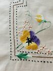 Tablecoth 50s Hand Embroidered  51   x38    Sweet Pansies Pink Needlework Mcm