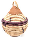 Hand Woven Coiled African Tribal Basket   Lid Leather Accents