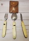 Very Rare Antique Huso German Folding Utensils Ivory Color W  Leather Case