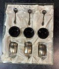 Vintage Sterling - 3 Salts With Amber Inserts  Spoons And Pepper  Shakers