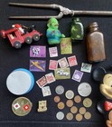 Vintage Junk Drawer Lot  Stamps  Wheat Pennies  Pocket Knives  Military  Coins