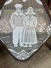 Vintage Dutch Lace Window Screen Framed Art Traditional Folk Couple Wood Wall