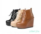 Women s Platform High Wedge Heels Ankle Short Boots Lace Up Knight Thicken Soled