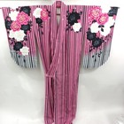 Used Koburisode Japanese Kimono Pink Black Striped Rose Pattern