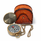2  Brass Pocket Compass With Chain   Leather Box Antique Vintage Style Nautical
