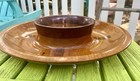 Vintage 80   s Handmade Inlaid Wood Butternut Mahogany Walnut Chip Dip Bowl Marked