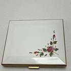 Vintage Marhill Powder Compact Guilloche Enamel Painted Flowers W Label 2 Sided
