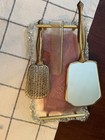 Vintage 4pc Vanity Set Hand Mirror Brush Comb Lucite Tray Pink Floral