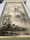 Large Vintage Chinese Original Watercolor    Scroll Mountain Trees Lake Painting