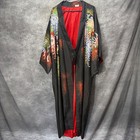 Vintage Silk Japanese Kimono Robe Made In Japan Black Red Floral Chrysanthemum