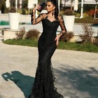Mermaid Black Lace Evening Dress Long Sleeve Sheer Neck Floor Length Party Gowns