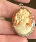 Vintage Marked 800 Silver Antique Carved Shell Cameo Brooch Pendant Lady 1 3 8x1