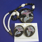 Vtg Lee Sands Mother Pearl Multicolor Flower Inlay Seashell Necklace Earring Set