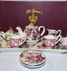 The Queen s Treasures 10 Pc Miniature Doll Porcelain Tea Set Roses W case Htf 