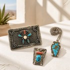 Vtg 1970s Navajo Sterling Silver Turquoise Coral Buckle Pendant Set Signed Begay