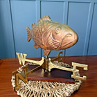 Vintage Copper Fish Weathervane W  Brass Directionals 26  Bass - Wood Base Decor