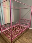 Girls Twin Pink Slat Metal Canopy Bed Frame W Scroll Headboard   Footboard