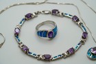 Vintage Sterling Silver Amethyst Opal Bracelet Necklace Ring Set N1