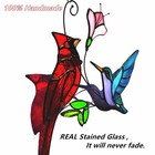 Stained Glass Red Cardinal With Hummingbird Suncatcher Window Hanging Ornamen   