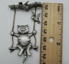 Vintage Pewter Tone Jj Jonette Cat On Swing With Bird Friends Brooch Pin