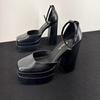 Goth Alt Funky Black Chunky Platform Womens 8 Square Toe Ankle Strap Heels Shoes