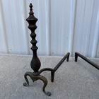 Antique Pair Of Brass   Cast Iron Andirons Queen Anne Style 18 5       Vintage
