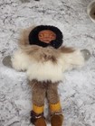 Vtg Handmade Alaskan Inuit Eskimo Doll Real Fur   Leather Hand Carved Wood Face