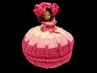 Hand Crocheted Vintage Bed Sitter Doll 14  Pink Dress Mcm Collectible Craft Deco