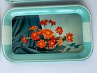 4 Vintage Metal Floral Serving Trays Aqua Orange Flowers 14 x9  Mid Century Mcm