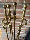 Vintage Brass Fireplace Tool Set 4 Piece Tools Stand Industrial Fire Round