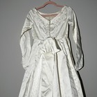 Vintage 1960s Mod Mcm Satin Wedding Dress Lace Applique Bridal Gown Train Bow Xs