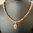 Orange Spiny Oyster Navajo Pearls Sterling Silver  Necklace Pendant 18679