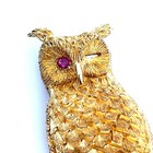 Rare Vintage 1970s 18k Two-tone Gold Ruby Diamond Owl Pin Brooch Estate Jewelry