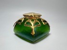 Art Nouveau Loetz Art Iridescent Green Glass Inkwell Ormolu Brass Mount Frame