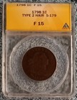 1798 Draped Bust Large Cent  Type 2 Hair  Stems  S-179  Anacs Fine  F-15