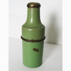 Antique Apothecary Bottle In Celadon Green Metal Case  Spring Lid 7-1 2 tall