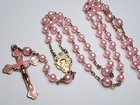 Vintage Catholic Rosary Gold Tone Crucifix Pink Acrylic Beads Mother Mary