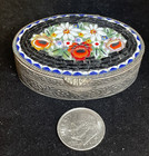 Vintage Italian Micro Mosaic Floral Pill Trinket Box - Black  White  Blue   Red