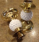 White Milk Glass Hobnail Brass Tapered Candle Candlestick Holders Vintage Pair