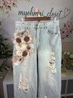 Washed Denim Jeans With Floral Appliqu   And Distressed Detailing Women   s