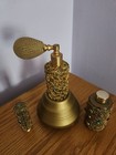 3pc Vintage Gold Filigree Unique Perfume Bottle With Music Box   Lipstick Case