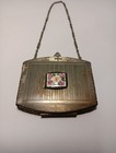 Vtg Enamel Wrist Chain Purse Flapper Lip Rouge Powder Compact Guilloche Case