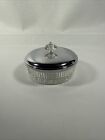 Vintage Clear Glass Powder Vanity Dresser Jar   Silver Metal Lid W glass Knob