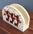 Vintage Teddy Bear Chef Napkin Holder Ceramic Blue Check Polka Dot Hand Painted