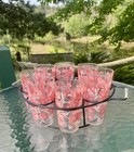 Vintage Mcm Set Of 8 Cherry Blossom Tom Collins Glasses With Iron Drinks Caddy