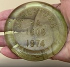 Vintage Green Art Glass Jamestown Va 1608 -1974 Paperweight Virginia Souvenir 