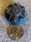 Lg Antique Metal Button W  Glass Enamel Shield Hand Made Flowers Back Victorian