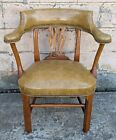 Antique Vintage Old Carved Handmade Solid Oak Wood Wooden Upholstery Vinyl Chair
